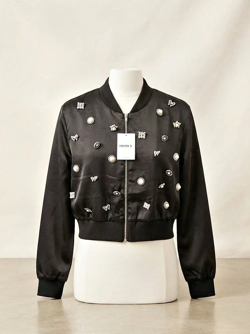 Forever 21 Rhinestone Charm Bomber Jacket Black Small